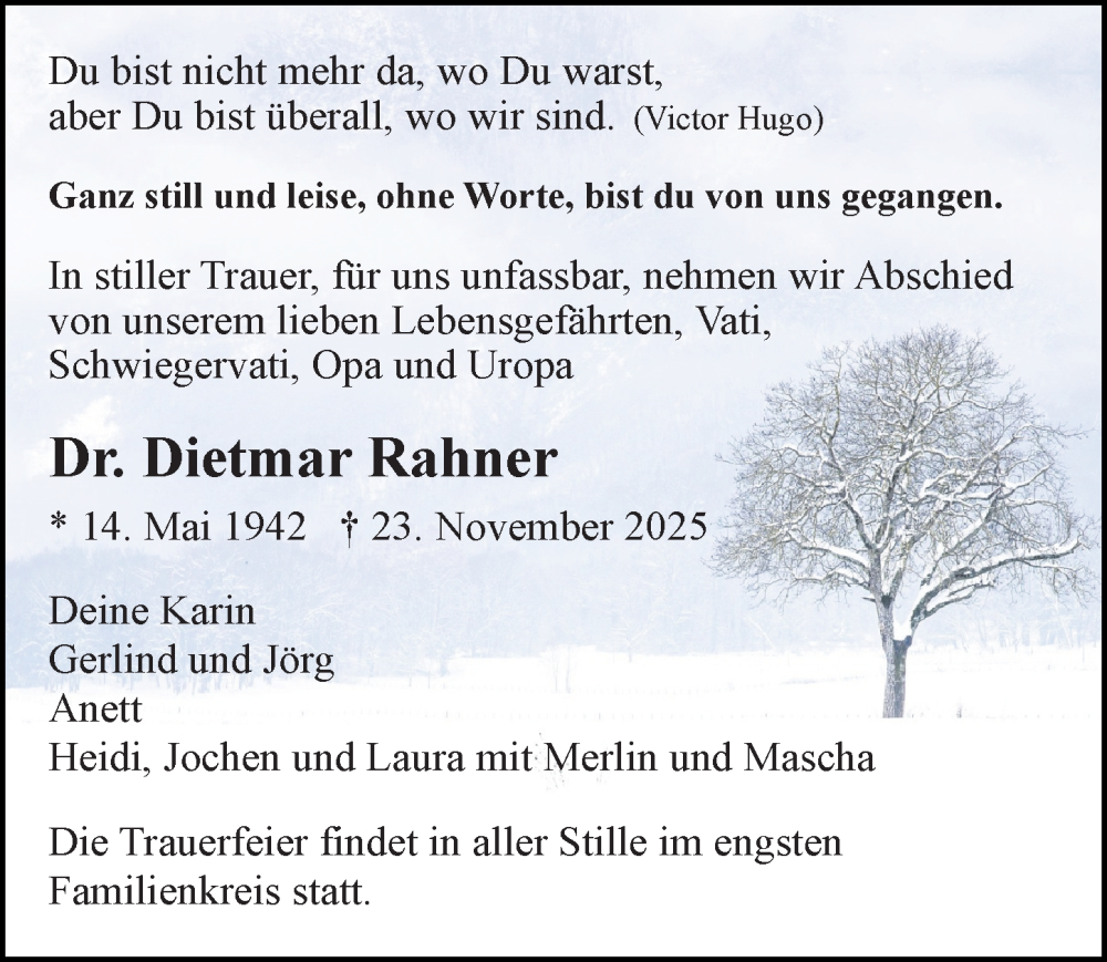  Traueranzeige für Dietmar Rahner vom 13.12.2025 aus Sächsische Zeitung