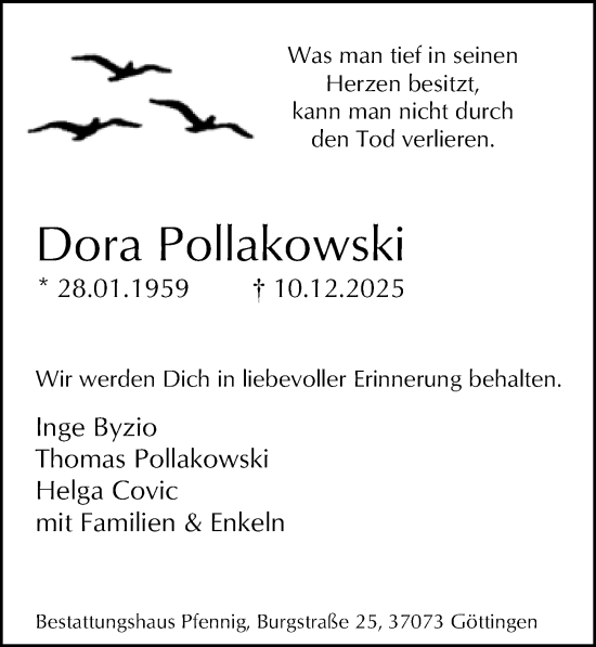 Traueranzeige von Dora Pollakowski von Göttinger Tageblatt