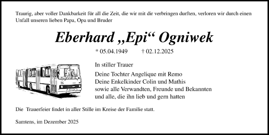 Traueranzeige von Eberhard Ogniwek von Ostsee-Zeitung GmbH
