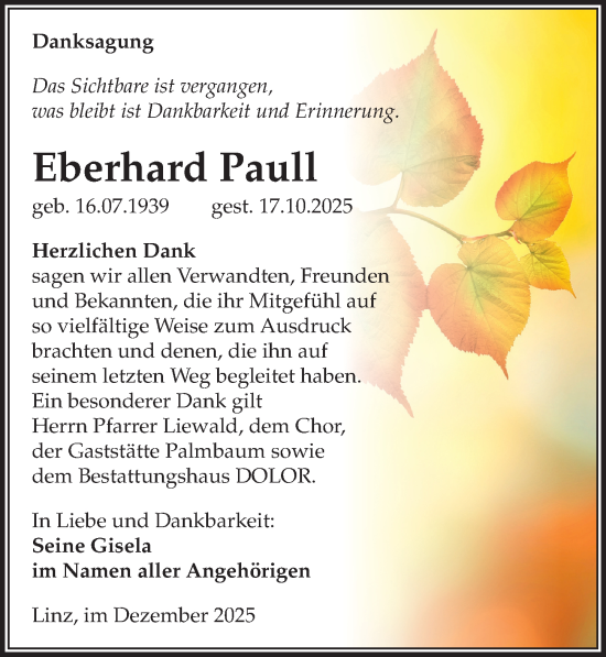 Traueranzeige von Eberhard Paull von Sächsische Zeitung