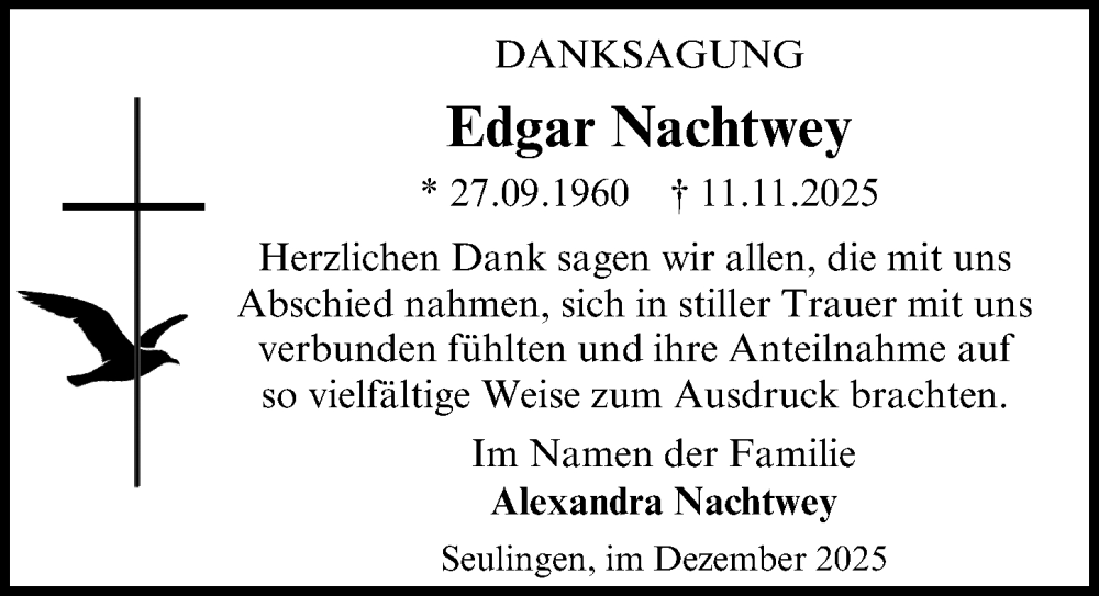  Traueranzeige für Edgar Nachtwey vom 13.12.2025 aus Eichsfelder Tageblatt