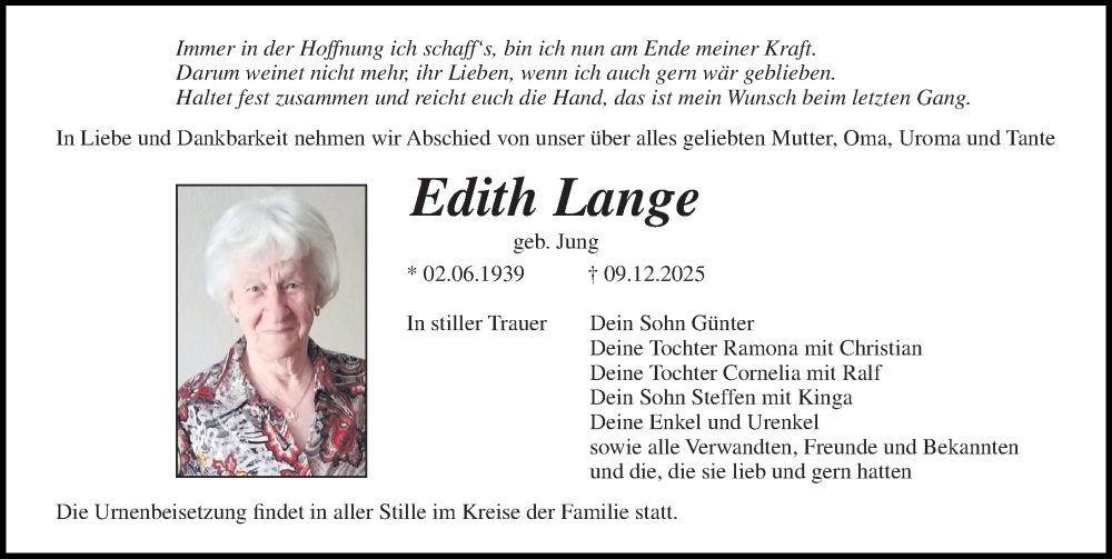  Traueranzeige für Edith Lange vom 20.12.2025 aus Ostsee-Zeitung GmbH