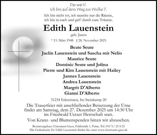 Traueranzeige von Edith Lauenstein von Peiner Allgemeine Zeitung