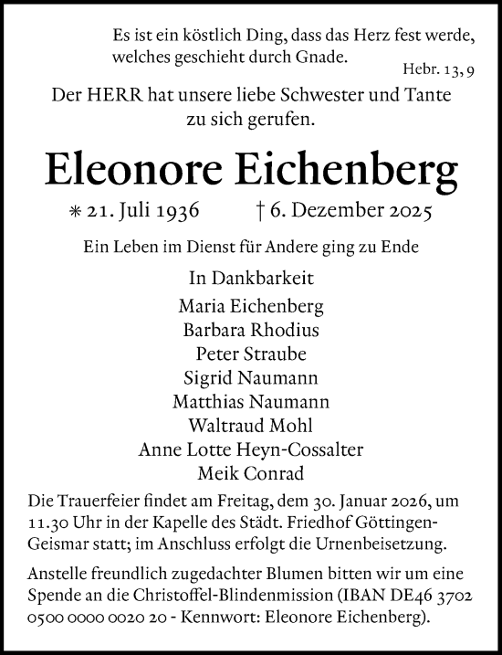 Traueranzeige von Eleonore Eichenberg von Göttinger Tageblatt