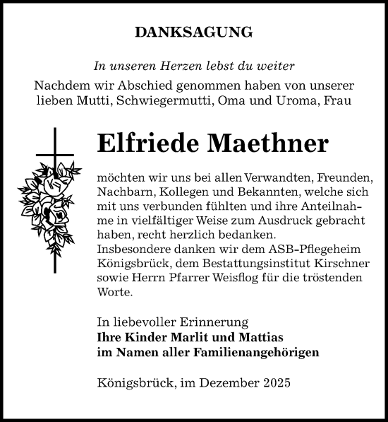 Traueranzeige von Elfriede Maethner von Sächsische Zeitung