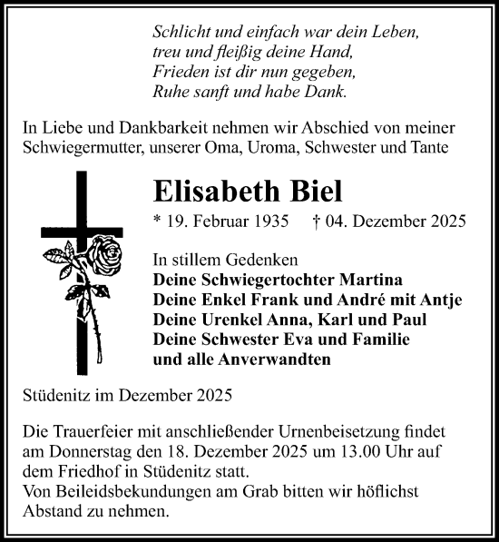 Traueranzeige von Elisabeth Biel von Wochenspiegel