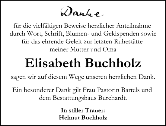 Traueranzeige von Elisabeth Buchholz von Ostsee-Zeitung GmbH