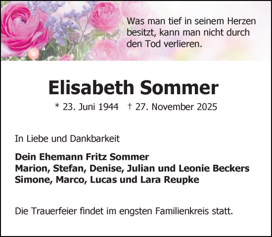 Traueranzeige von Elisabeth Sommer von Peiner Allgemeine Zeitung