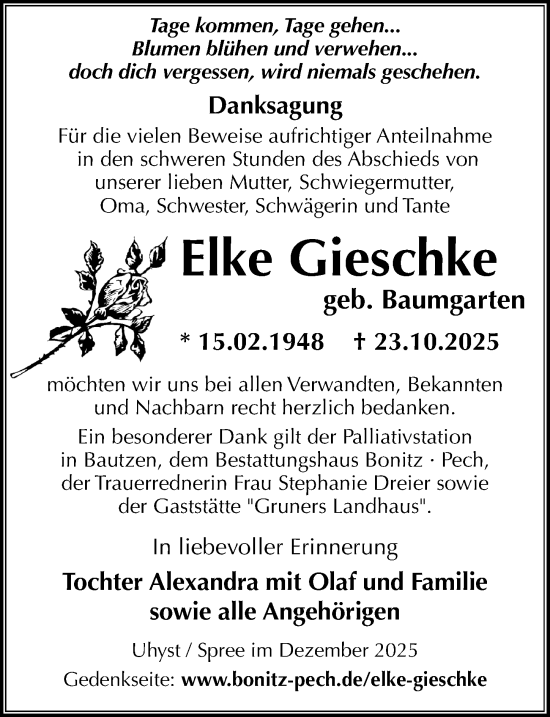 Traueranzeige von Elke Gieschke von Sächsische Zeitung