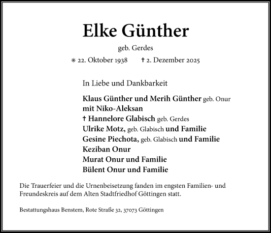 Traueranzeige von Elke Günther von Göttinger Tageblatt