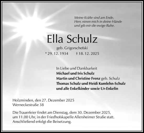 Traueranzeige von Ella Schulz von Täglicher Anzeiger Holzminden
