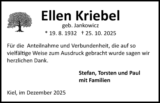 Traueranzeige von Ellen Kriebel von Kieler Nachrichten
