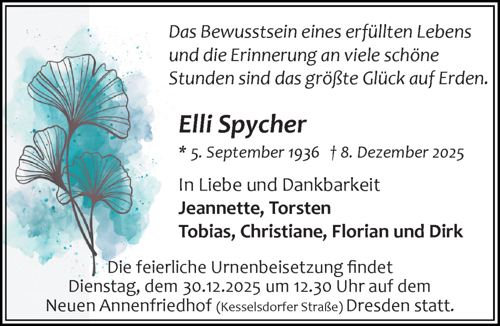  Traueranzeige für Elli Spycher vom 13.12.2025 aus Sächsische Zeitung