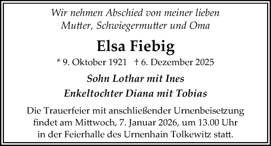 Traueranzeige von Elsa Fiebig von Sächsische Zeitung