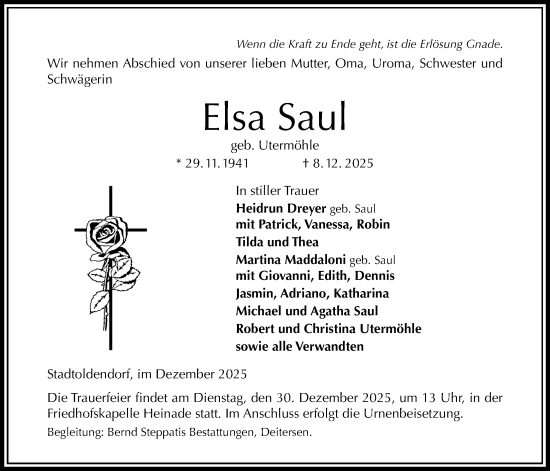 Traueranzeige von Elsa Saul von Täglicher Anzeiger Holzminden
