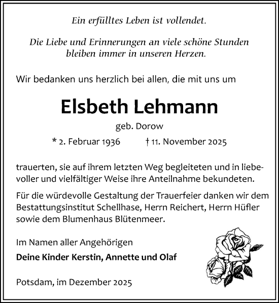 Traueranzeige von Elsbeth Lehmann von Märkischen Allgemeine Zeitung