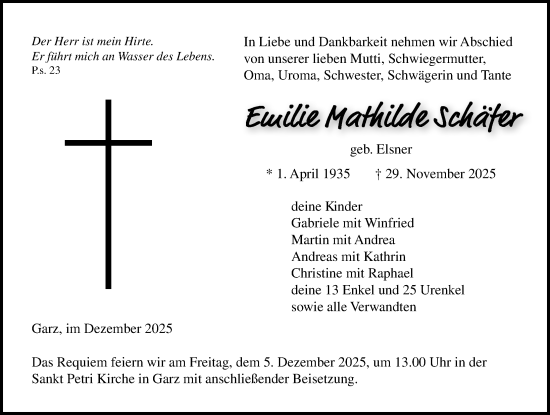 Traueranzeige von Emilie Mathilde Schäfer von Ostsee-Zeitung GmbH