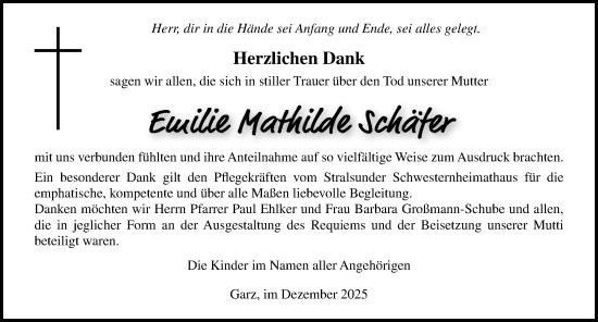 Traueranzeige von Emilie Mathilde Schäfer von Ostsee-Zeitung GmbH
