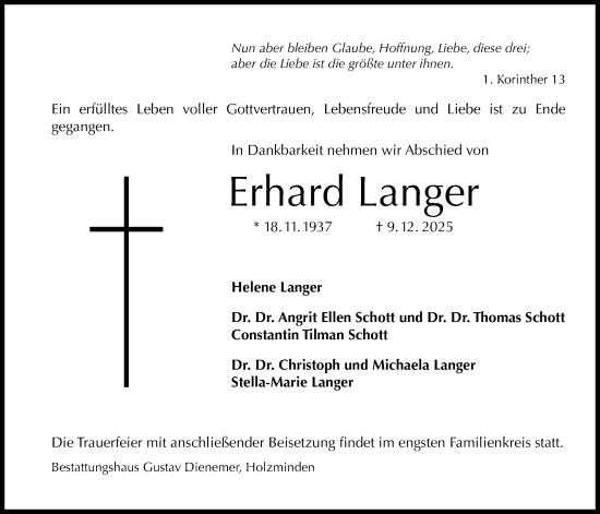 Traueranzeige von Erhard Langer von Täglicher Anzeiger Holzminden