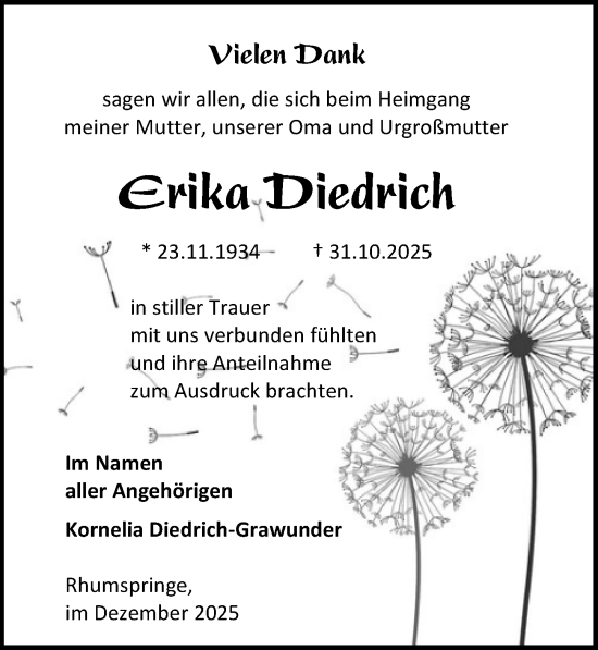Traueranzeige von Erika Diedrich von Eichsfelder Tageblatt
