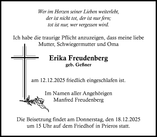 Traueranzeige von Erika Freudenberg von Märkischen Allgemeine Zeitung