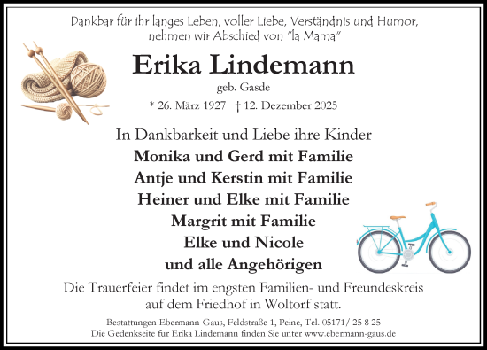 Traueranzeige von Erika Lindemann von Peiner Allgemeine Zeitung