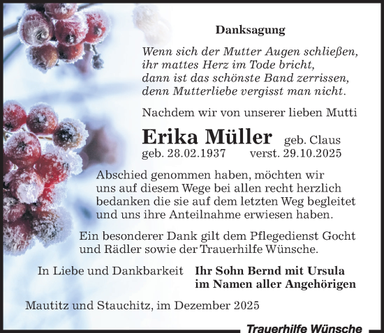 Traueranzeige von Erika Müller von Sächsische Zeitung
