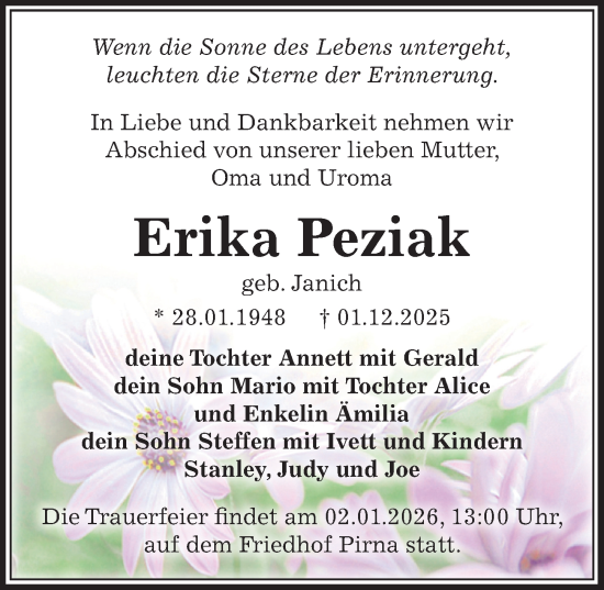 Traueranzeige von Erika Peziak von Sächsische Zeitung