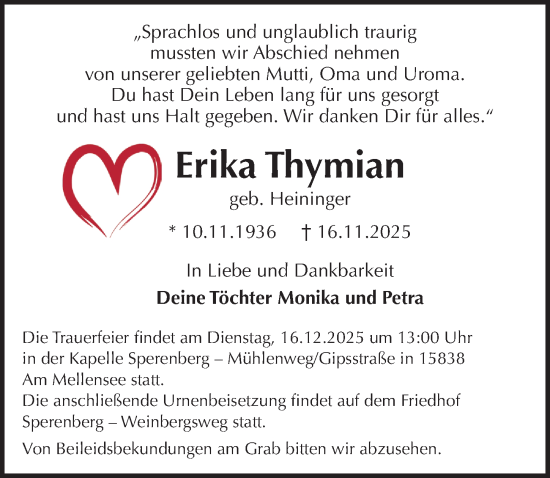 Traueranzeige von Erika Thymian von Märkischen Allgemeine Zeitung