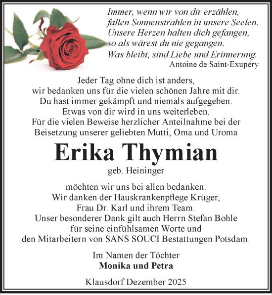 Traueranzeige von Erika Thymian von Märkischen Allgemeine Zeitung
