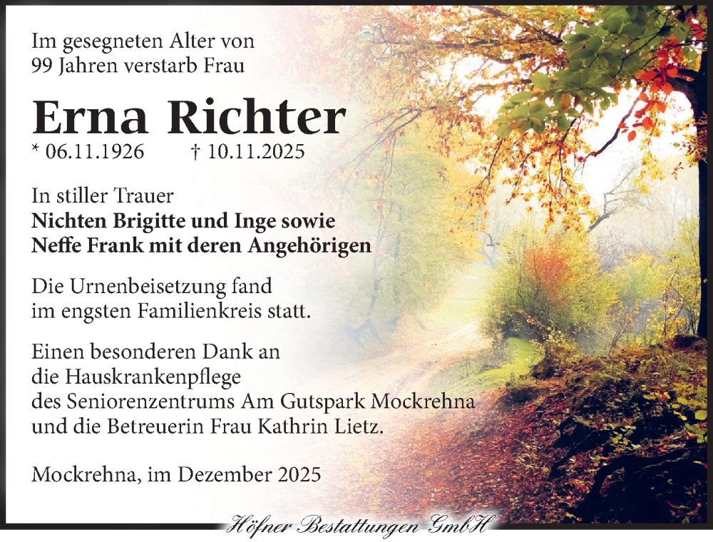  Traueranzeige für Erna Richter vom 07.12.2025 aus Torgauer Zeitung