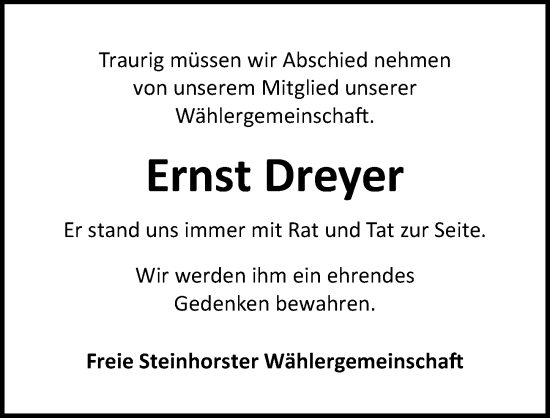 Traueranzeige von Ernst Dreyer von Lübecker Nachrichten