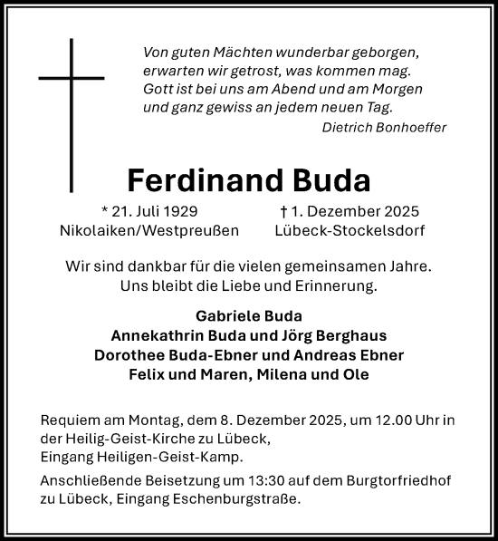 Traueranzeige von Ferdinand Buda von Lübecker Nachrichten