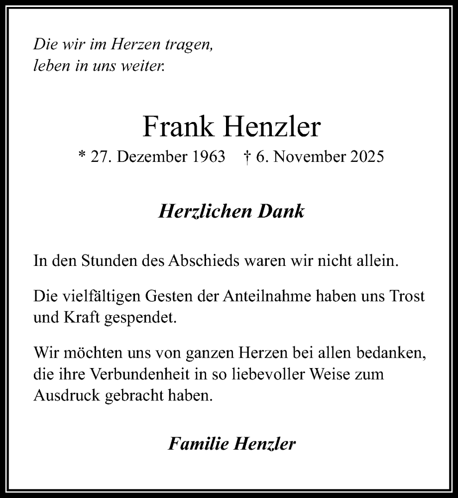  Traueranzeige für Frank Henzler vom 20.12.2025 aus Göttinger Tageblatt