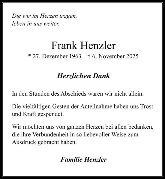 Traueranzeige von Frank Henzler von Göttinger Tageblatt