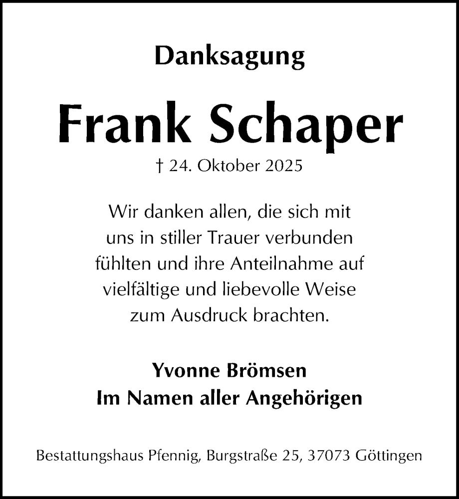  Traueranzeige für Frank Schaper vom 06.12.2025 aus Göttinger Tageblatt
