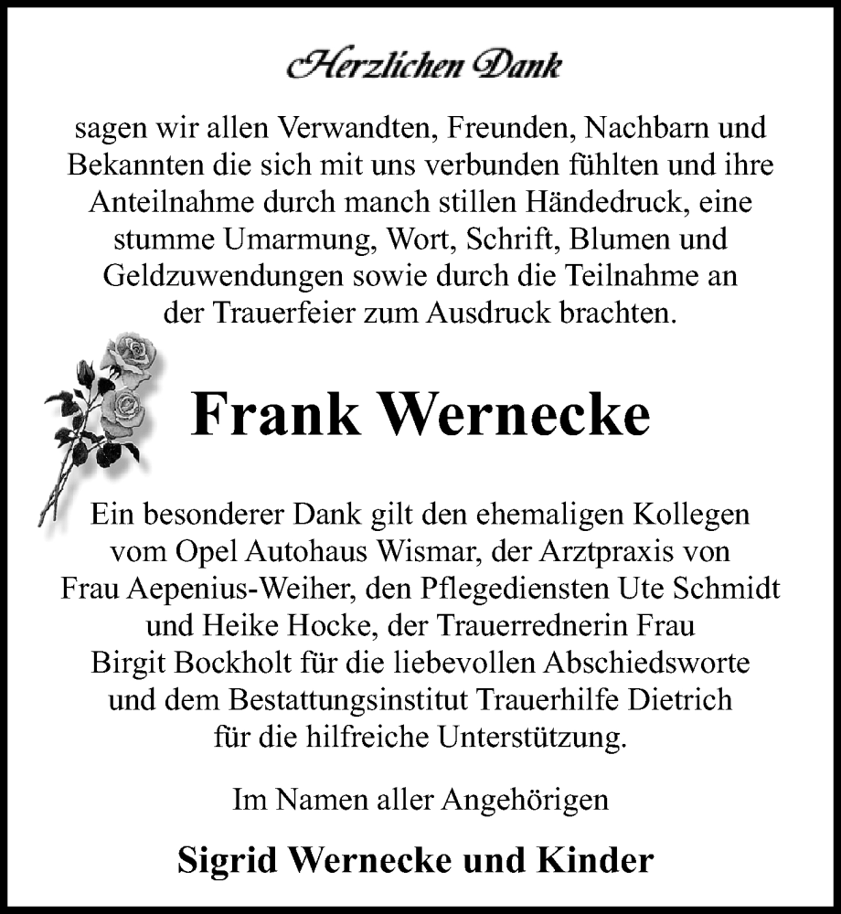 Traueranzeige für Frank Wernecke vom 13.12.2025 aus Ostsee-Zeitung GmbH