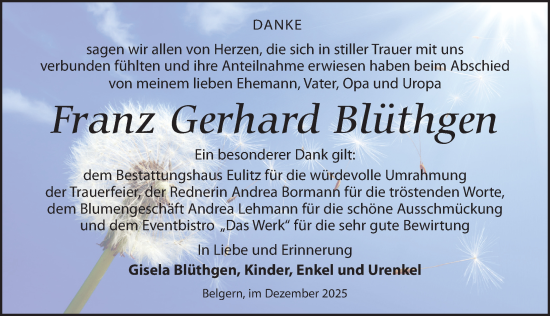 Traueranzeige von Franz Gerhard Blüthgen von Torgauer Zeitung