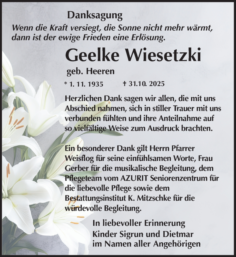  Traueranzeige für Geelke Wiesetzki vom 13.12.2025 aus Sächsische Zeitung