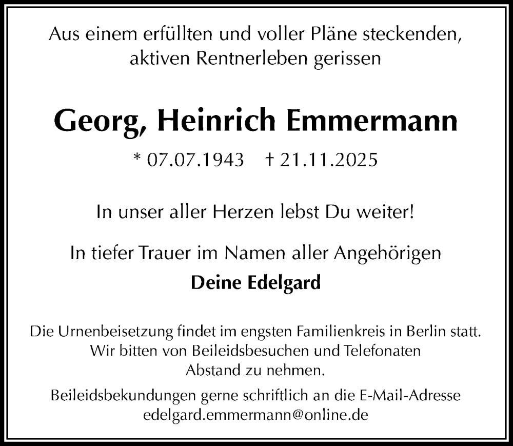  Traueranzeige für Georg Heinrich Emmermann vom 20.12.2025 aus Wochenspiegel