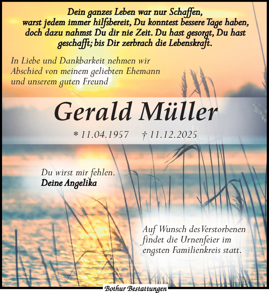  Traueranzeige für Gerald Müller vom 20.12.2025 aus Leipziger Volkszeitung