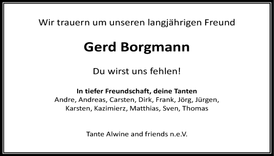 Traueranzeige von Gerd Borgmann von Täglicher Anzeiger Holzminden