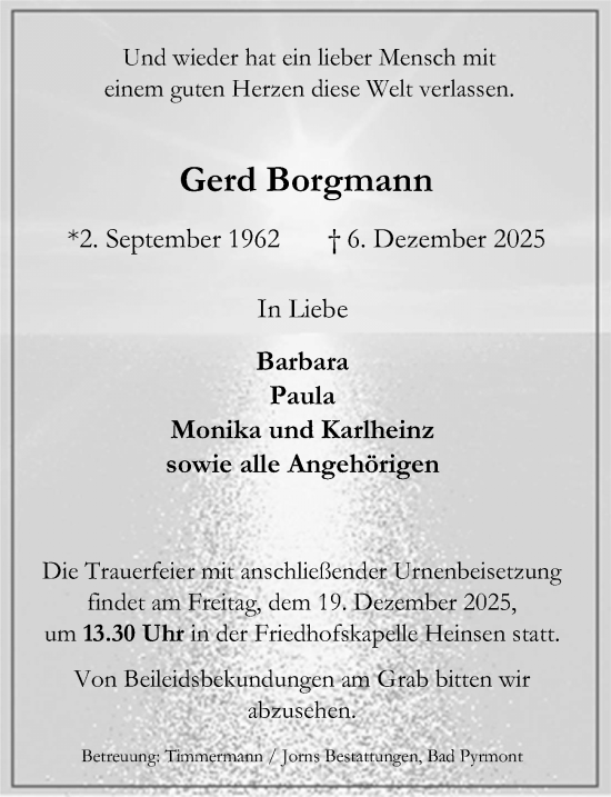 Traueranzeige von Gerd Borgmann von Täglicher Anzeiger Holzminden