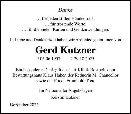 Traueranzeige von Gerd Kutzner von Ostsee-Zeitung GmbH