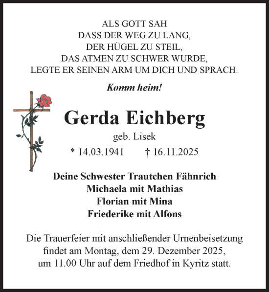 Traueranzeige von Gerda Eichberg von Wochenspiegel