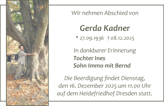 Traueranzeige von Gerda Kadner von Sächsische Zeitung