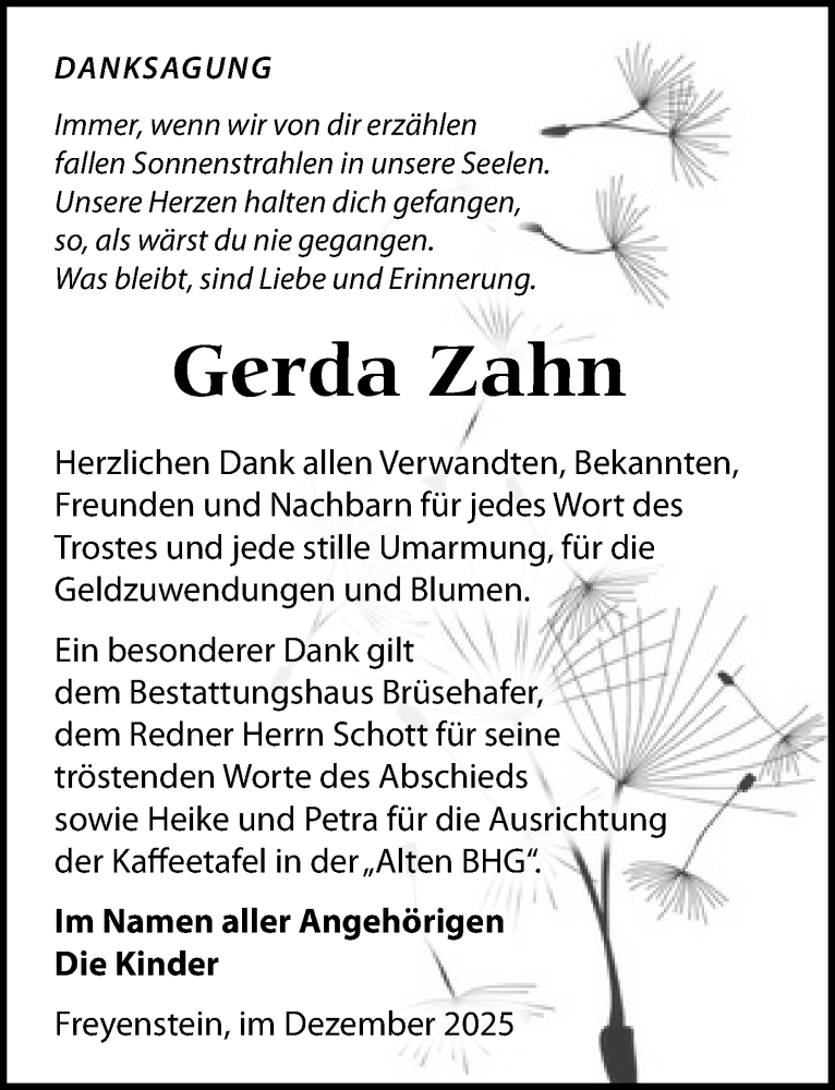  Traueranzeige für Gerda Zahn vom 20.12.2025 aus Wochenspiegel