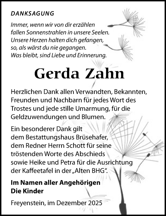Traueranzeige von Gerda Zahn von Wochenspiegel