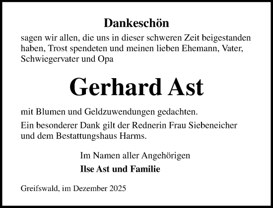 Traueranzeige von Gerhard Ast von Ostsee-Zeitung GmbH