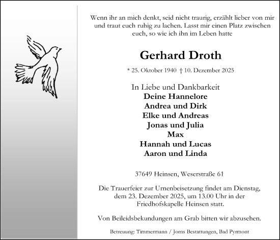 Traueranzeige von Gerhard Droth von Täglicher Anzeiger Holzminden